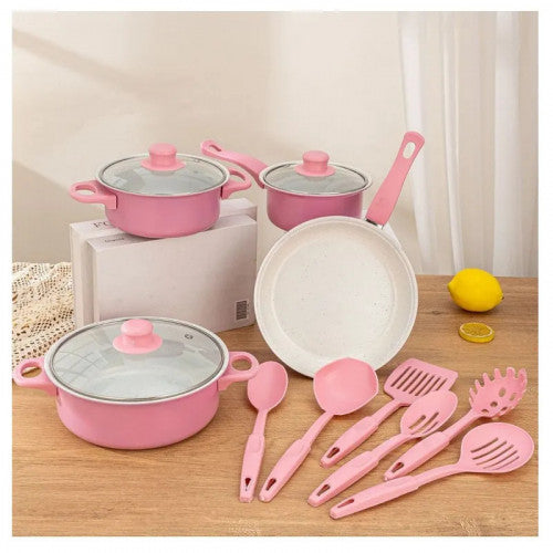 SET DE OLLAS Y JUEGO DE UTENCILIOS DE COCINA 13PZ ROSADA