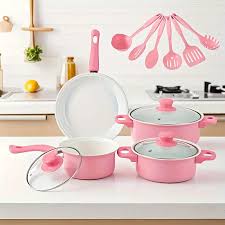 SET DE OLLAS Y JUEGO DE UTENCILIOS DE COCINA 13PZ ROSADA