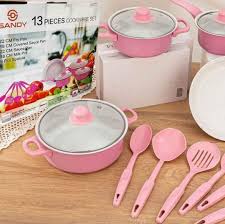 SET DE OLLAS Y JUEGO DE UTENCILIOS DE COCINA 13PZ ROSADA