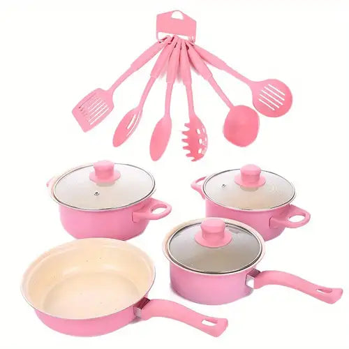 SET DE OLLAS Y JUEGO DE UTENCILIOS DE COCINA 13PZ ROSADA