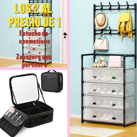 GRAN OFERTA-ESTUCHE DE COSMÉTICOS CON ESPEJO LED RECARGABLE+ZAPATERA CON TAPAS Y PERCHERO MULTIFUNCIONAL
