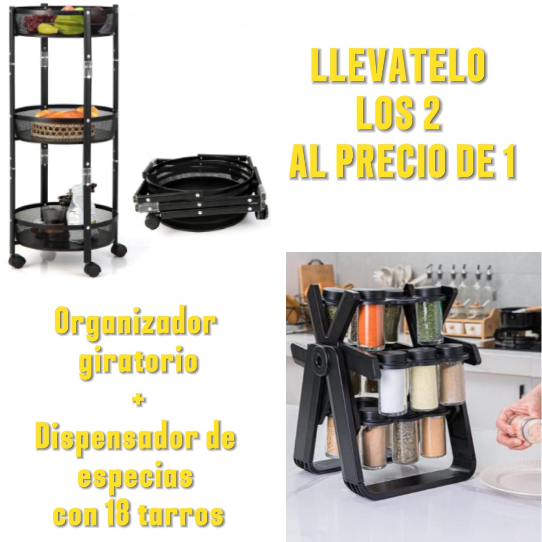 GRAN OFERTA-ORGANIZADOR REDONDO DE COCINA 3 NIVELES + ORGANIZADOR GIRATORIO DE ESPECIAS CON 18 TARROS