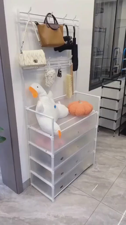 GRAN OFERTA- ZAPATERA CON TAPAS Y PERCHERO MULTIFUNCIONA + ORGANIZADOR DE ROPA CON TAPA GRANDE